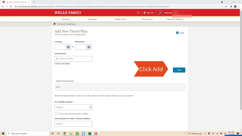 travel plan on wells fargo app - Add a New Travel Plan in Wells Fargo
