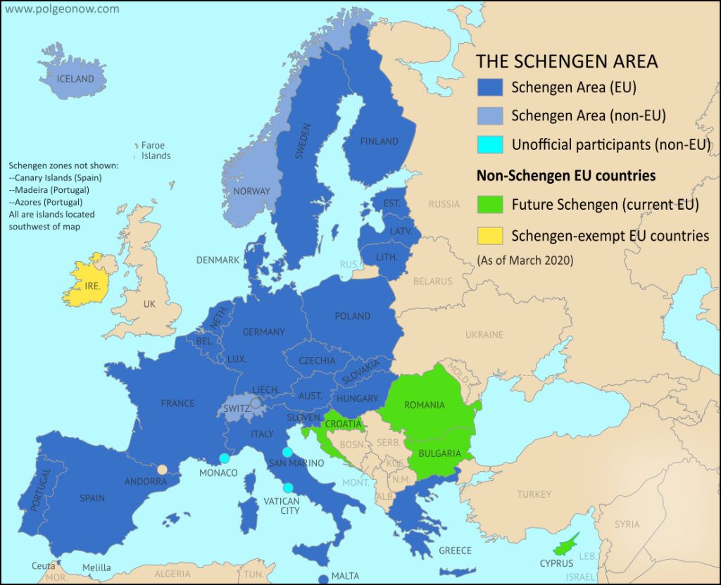 travel zone plan europe - Map of the Schengen Area, Europe
