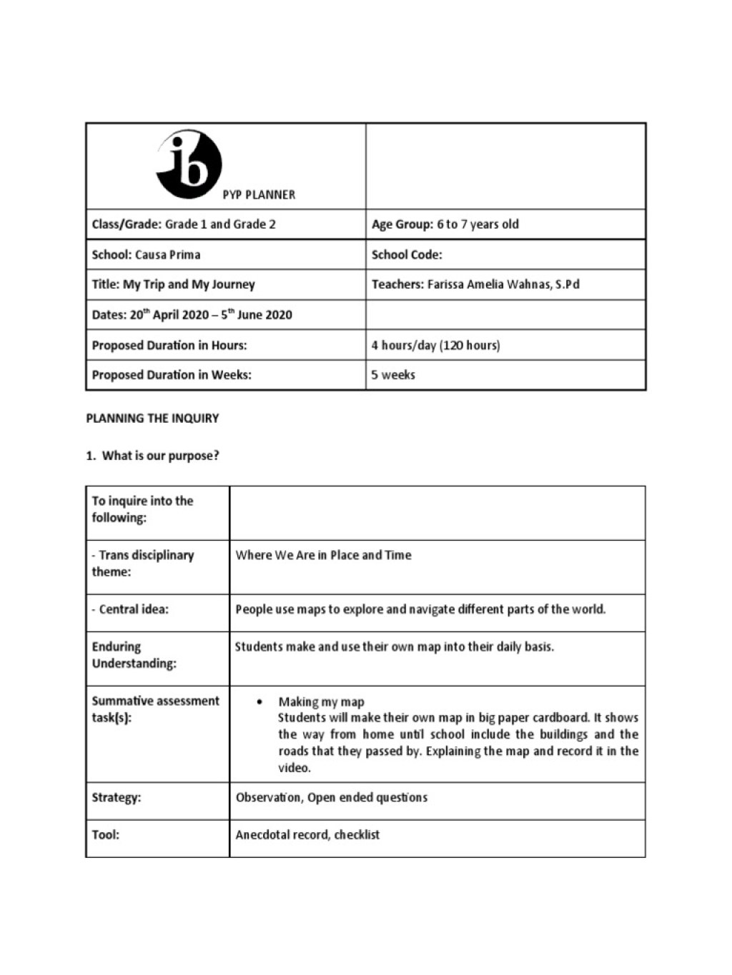 journey planning year 2 - PYP PLANNER (WHERE WE ARE IN PLACE AND TIME) THEME  (Grade