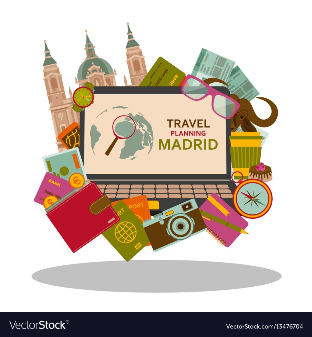 travel planning for madrid - Travel planning to madrid flat concept Royalty Free Vector
